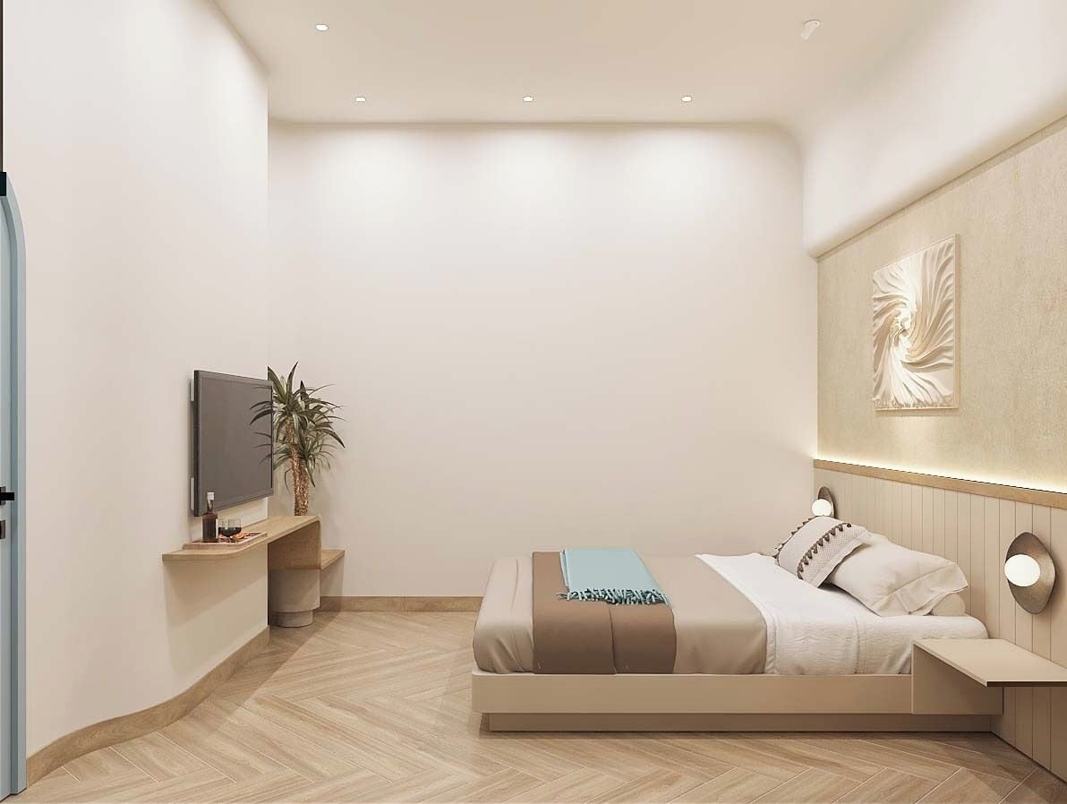 Un dormitorio moderno con cama, mesita de noche, televisor y un elemento decorativo en la pared.