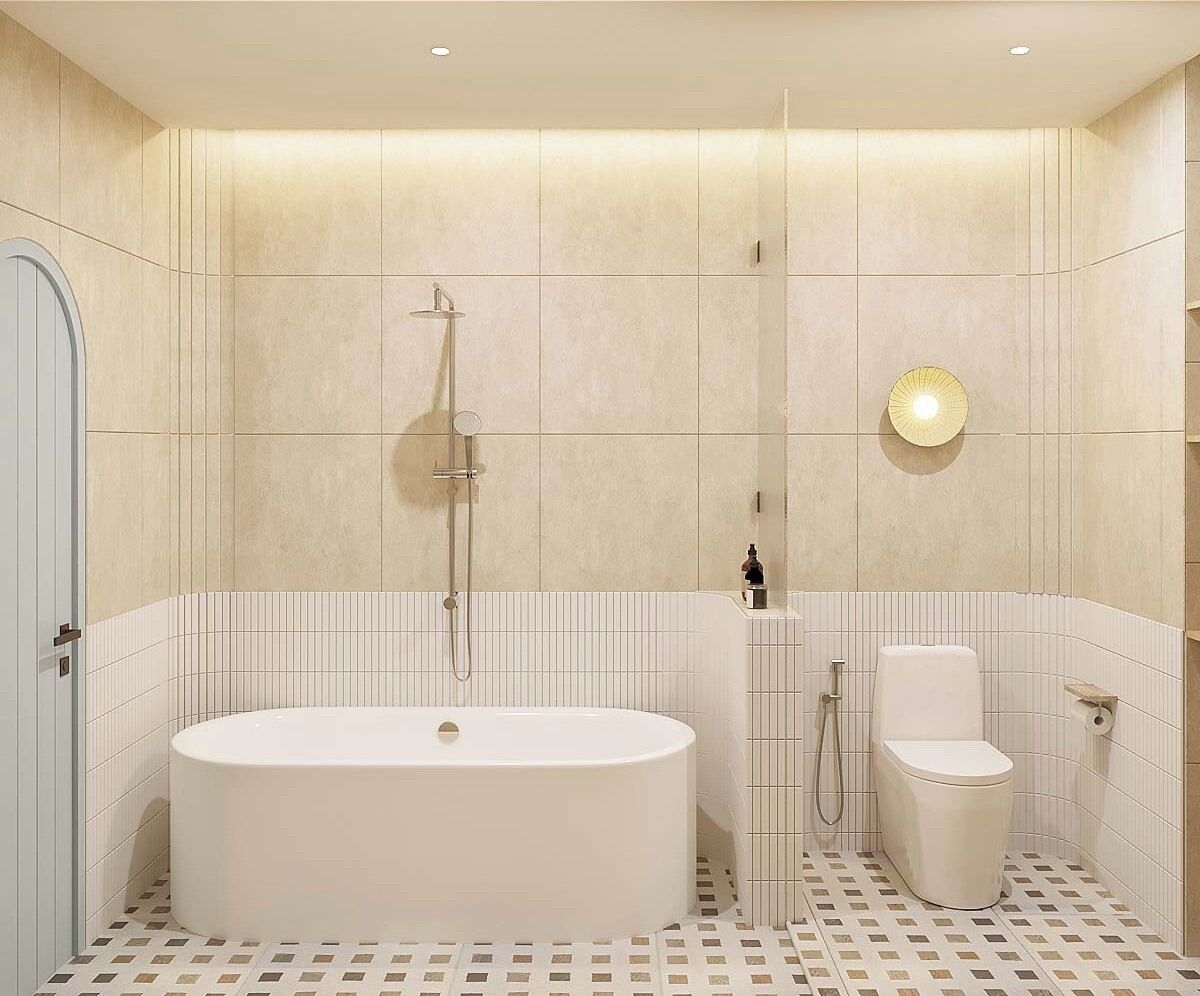 Un baño moderno con una bañera independiente, ducha y retrete.