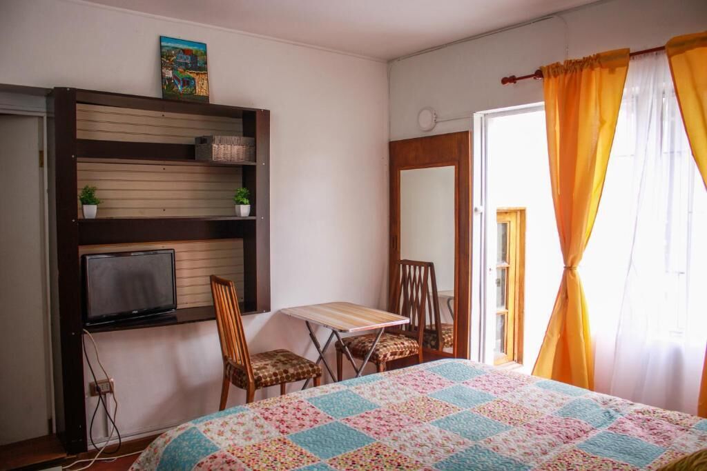 A bedroom with a bed, a desk with a chair, a television, and a shelf with plants.