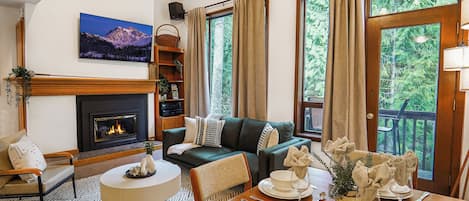 Smart TV, fireplace, DVD player, books