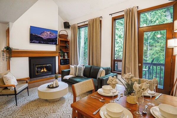 Smart TV, fireplace, DVD player, books