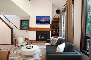 Smart TV, fireplace, DVD player, books