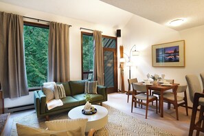 Smart TV, fireplace, DVD player, books