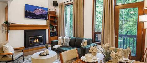 Smart TV, fireplace, DVD player, books