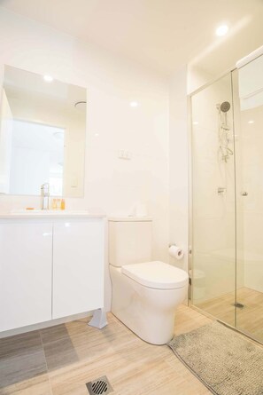 Shower, hair dryer, towels