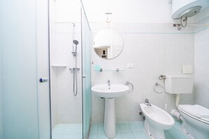 Shower, hair dryer, bidet, towels