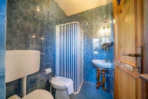 Een badkamer met toilet, bidet en douchecabine.