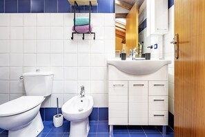 Shower, hair dryer, bidet, towels