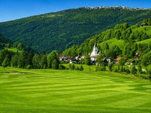 Ländliche Landschaft mit Kirche, Häusern und einem grünen Feld.