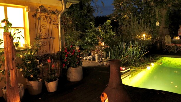 A garden area with potted plants, a wooden deck, and a small pond. - Weser Uplands Retreat (Bad Pyrmont-Löwensen)