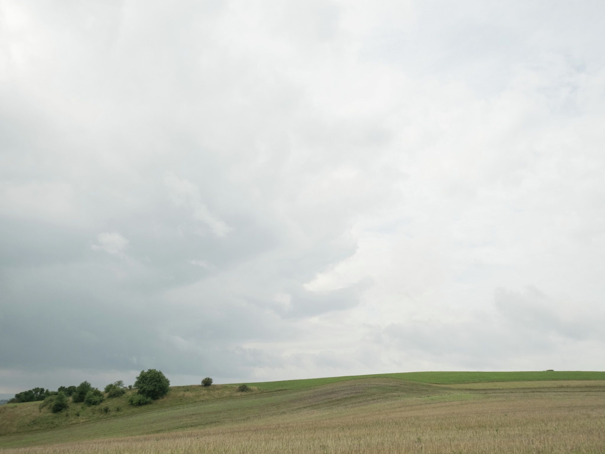 Un campo extenso con colinas ondulantes y un cielo nublado.