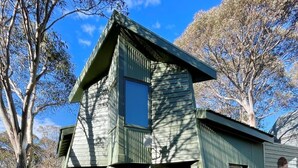 A two-story house with a green exterior, a front porch, and a small front yard. - Faraway-Chalet (Dinner Plain)
