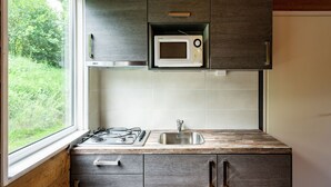 A compact kitchen with a gas stove, a built-in microwave, and a sink.