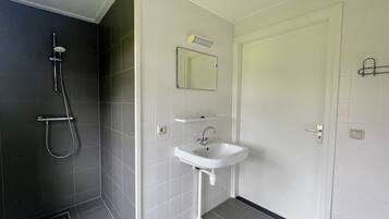 Un baño con ducha, lavabo y espejo.