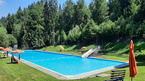 A swimming pool with a slide, surrounded by green grass and trees. - Cosy holiday home near the ski lift (Altenfeld)