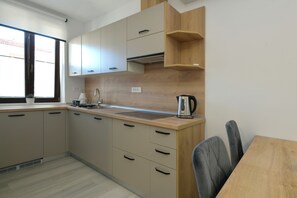 Fridge, stovetop, dishwasher, electric kettle