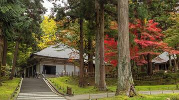 Un edificio japonés tradicional con tejado inclinado, rodeado de árboles con follaje otoñal.