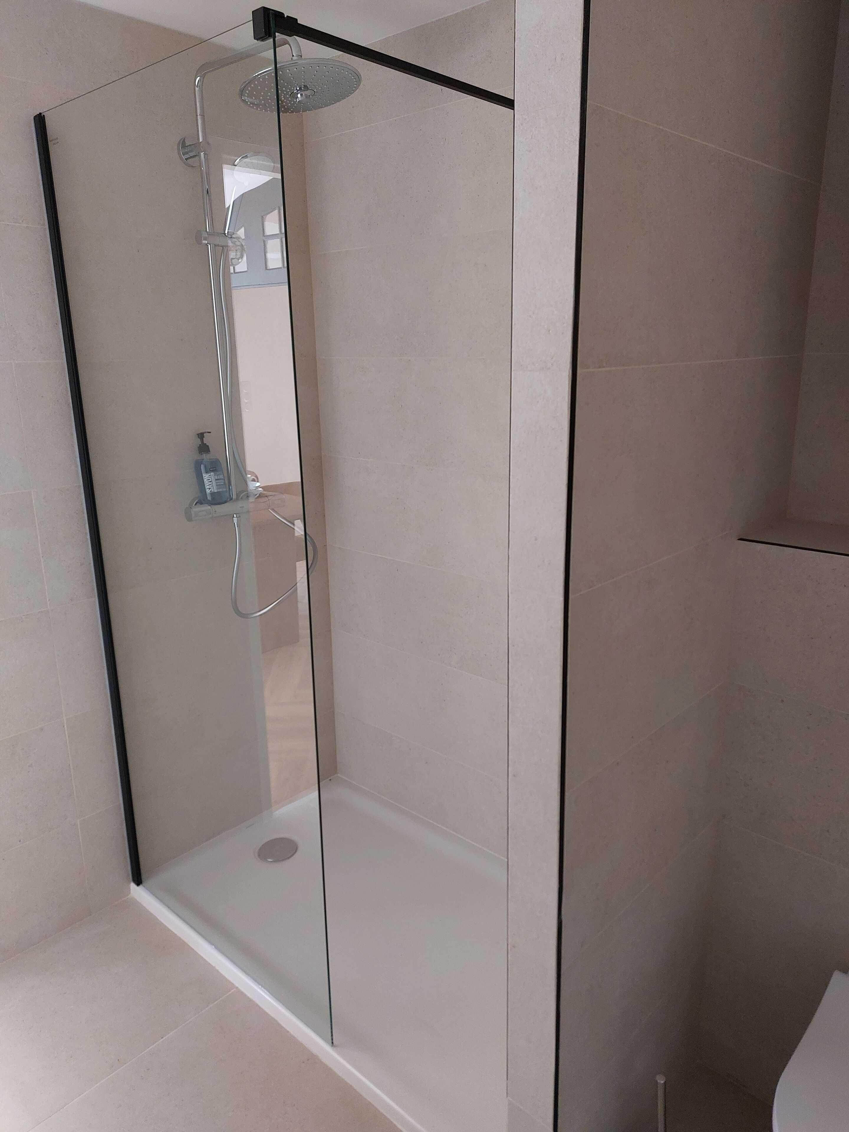 A glass-enclosed shower with a handheld showerhead and a handheld soap dispenser.