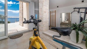 A modern living room with a yellow stationary bike, a large potted plant, and a view of the sea through a glass door.