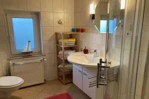 Shower, hair dryer, towels