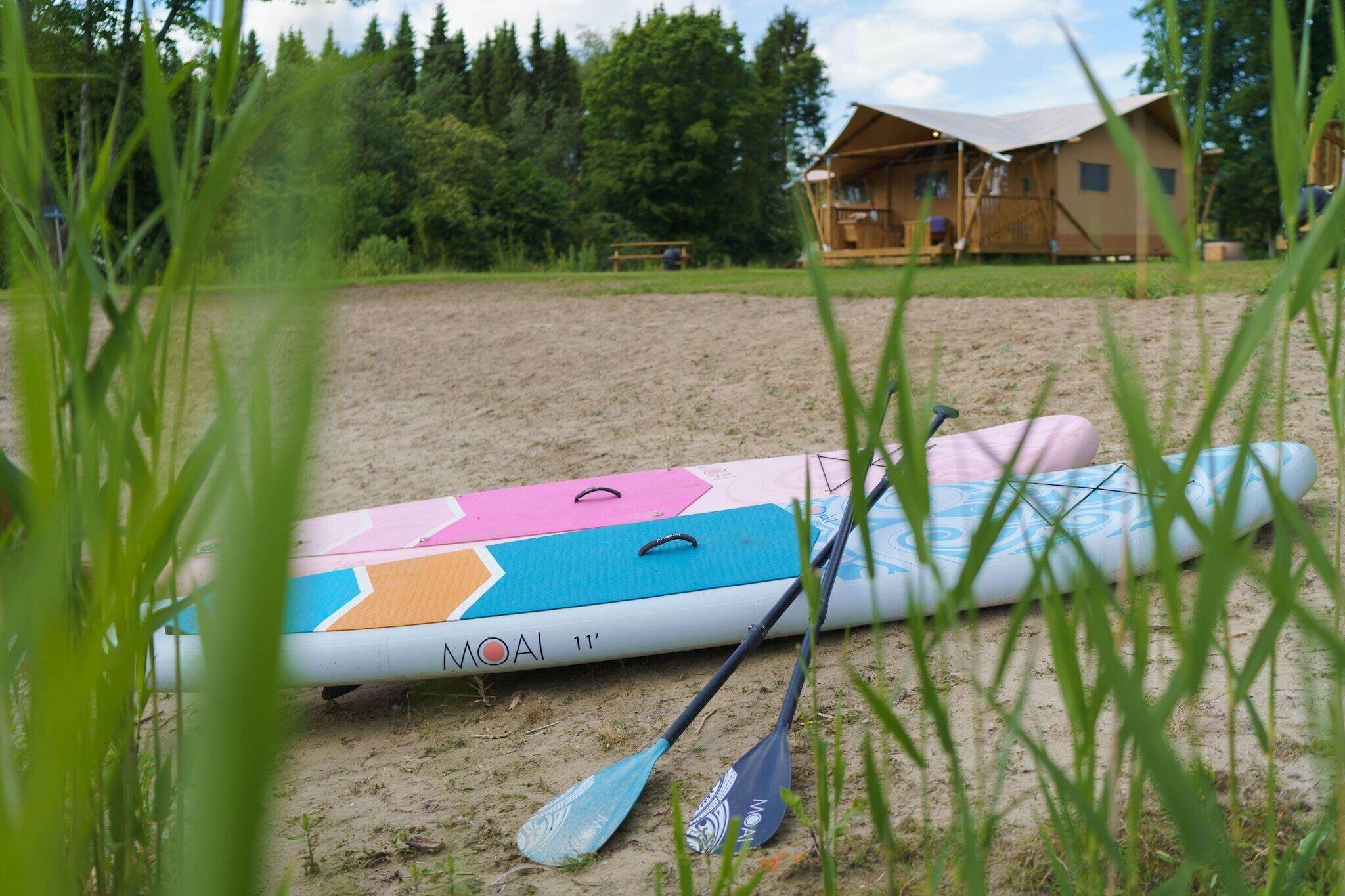 Une planche de paddle et deux pagaies sur une surface sablonneuse, avec une cabane en bois en arrière-plan.
