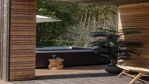 A wooden deck with a lounge chair, a potted plant, and a table with a glass.