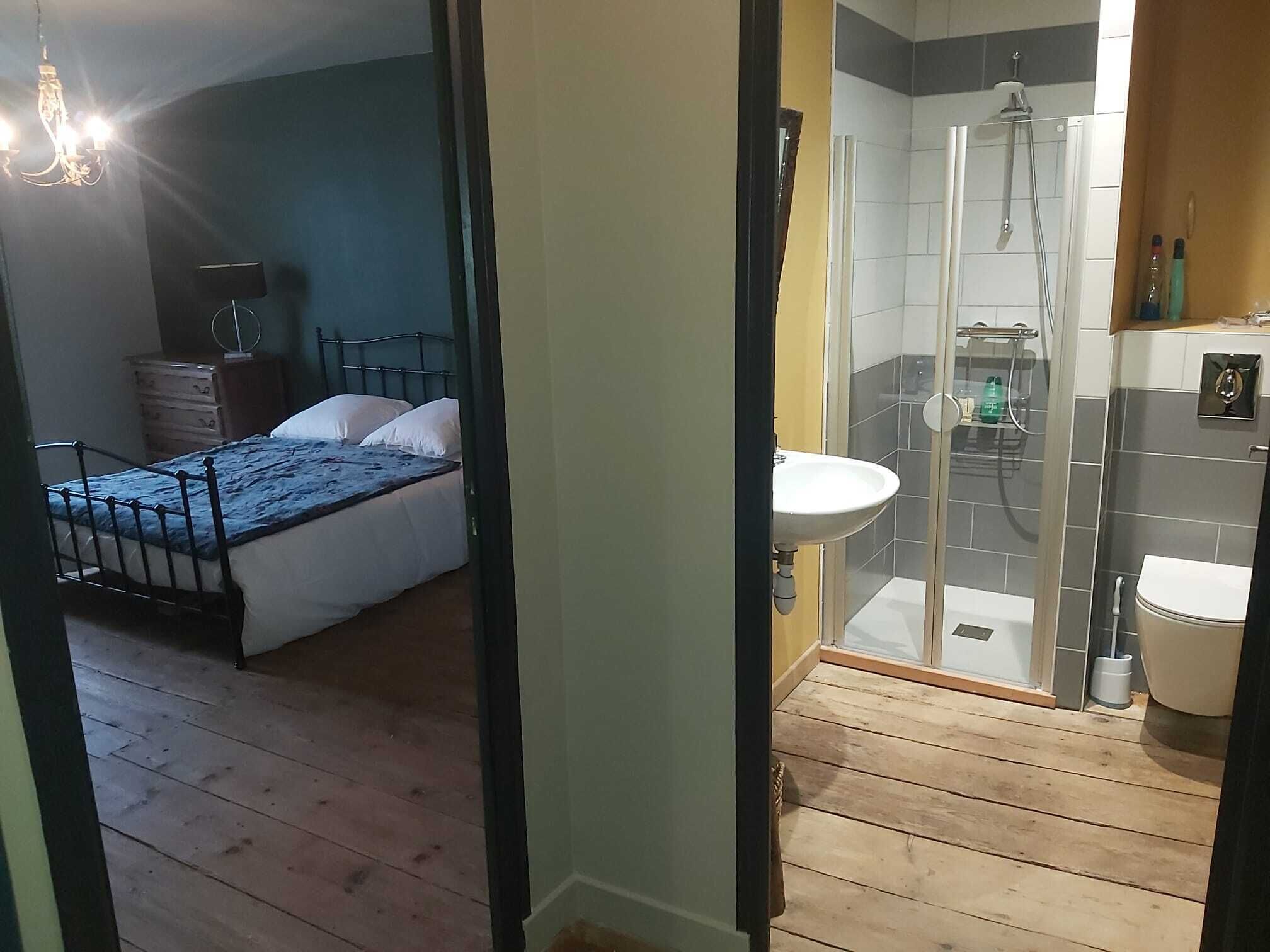 A bedroom with a bed, a bedside table, and a dresser. There is a bathroom with a shower, sink, and toilet.