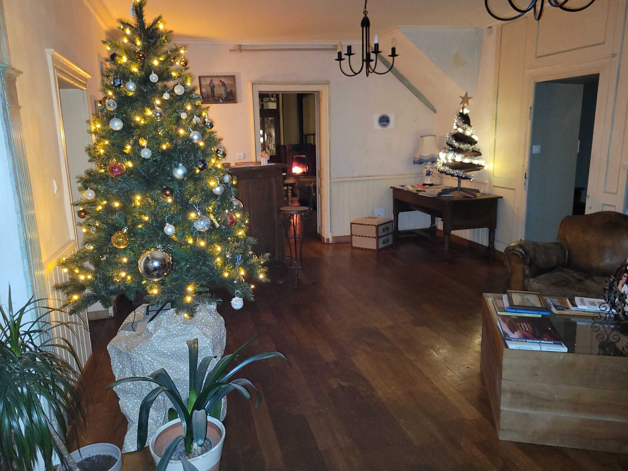 Ett vardagsrum med ett stort julgran, en öppen spis, en kristallkrona och en matplats.