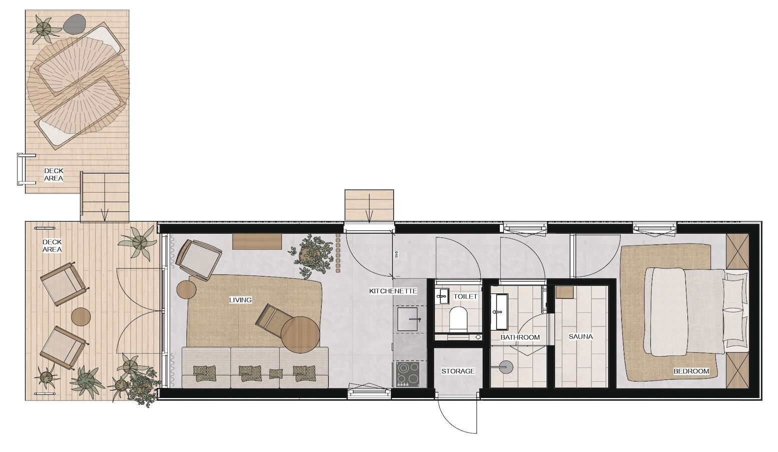 A floor plan of a hotel room with a living area, kitchenette, bathroom, storage, and bedroom.