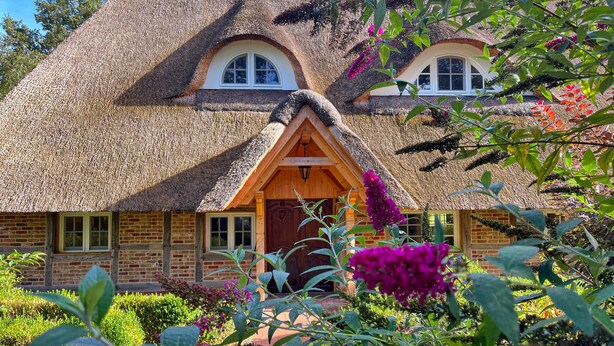 A thatched-roof cottage with two windows and a wooden front door. - 3 bedroom stunning home in Sittensen Kalbe (Sittensen Kalbe)