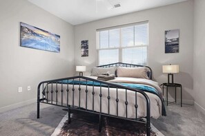 2 bedrooms, desk, iron/ironing board, travel crib