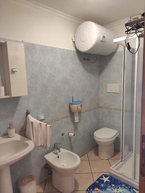 Hair dryer, towels, soap, toilet paper