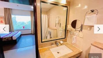 Hair dryer, slippers, towels, soap