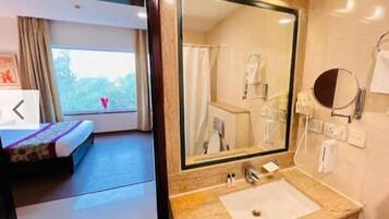 Hair dryer, slippers, towels, soap