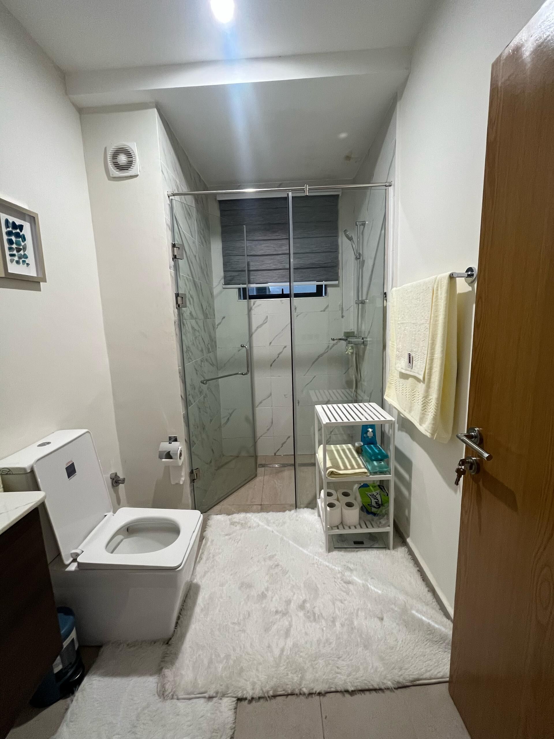 Een kleine badkamer met toilet, douche en opbergplanken.