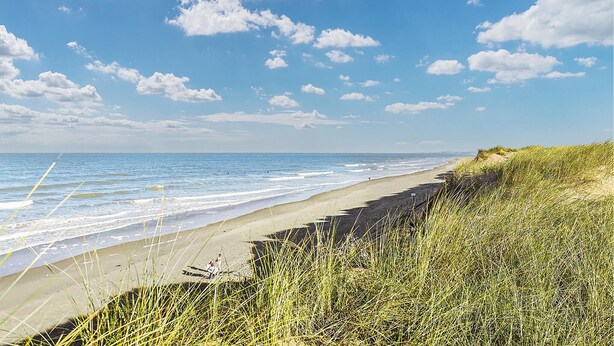 Ein Strand mit blauem Himmel und Wellen.
