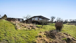 Een modern huis met een ruim terras, omgeven door een gazon en bomen.