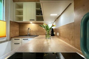 Fridge, oven, stovetop, coffee/tea maker