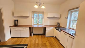 Een koelkast, een oven, een kookplaat, een vaatwasser