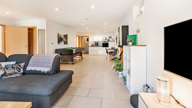 A modern living room with a sofa, a pool table, and a flat-screen TV. - Holiday Apartment 'Eifel im Herzen' with Private Terrace, Garden & Wi-Fi (Hambuch)