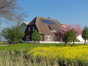 Une maison avec un toit en pente, des panneaux solaires, une clôture blanche en bois et un champ de fleurs jaunes.