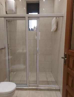 Shower, towels, soap, toilet paper
