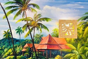 A tropical landscape with palm trees and a traditional hut structure. - Kyushu Chain Inn (Observation Store) (Renhua)
