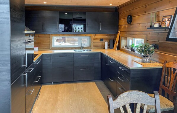 Fridge, stovetop, dishwasher, coffee/tea maker