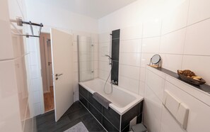 Hair dryer, towels, soap, toilet paper