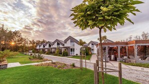 Une rangée de maisons modernes, de plain-pied, avec une pelouse bien entretenue et un petit jardin.