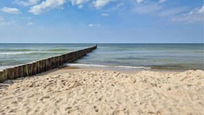 A sandy beach with a wooden jetty extending into the ocean.