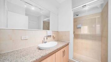 Shower, hair dryer, shampoo