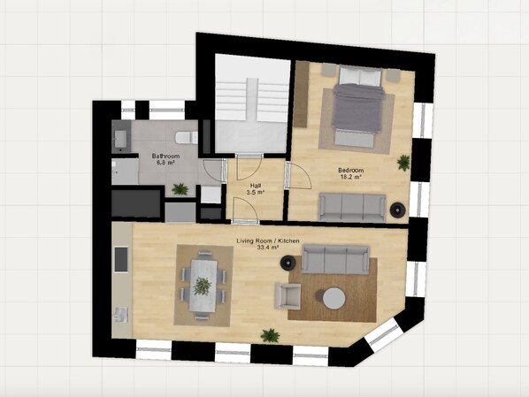 Plano de planta que muestra una sala de estar/cocina de 33,4 m², un dormitorio de 18,2 m², un baño de 6,8 m² y un vestíbulo de 3,5 m².