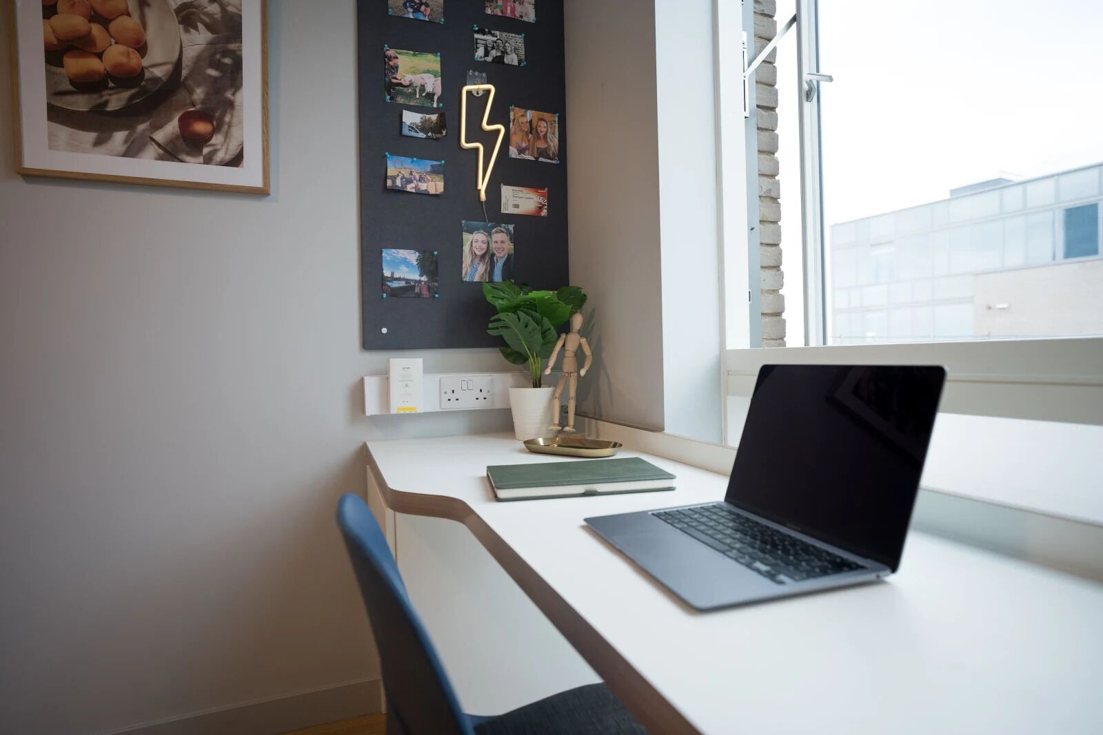 Un bureau avec un ordinateur portable, une plante et un tableau d’affichage orné de photos et d’un motif représentant un éclair.